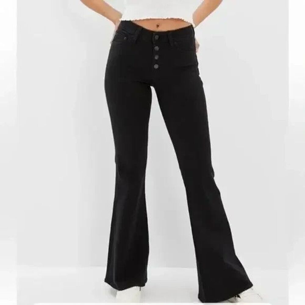American Eagle Curvy Highest Rise Flare Jeans Black Button Fly Stretch size 00